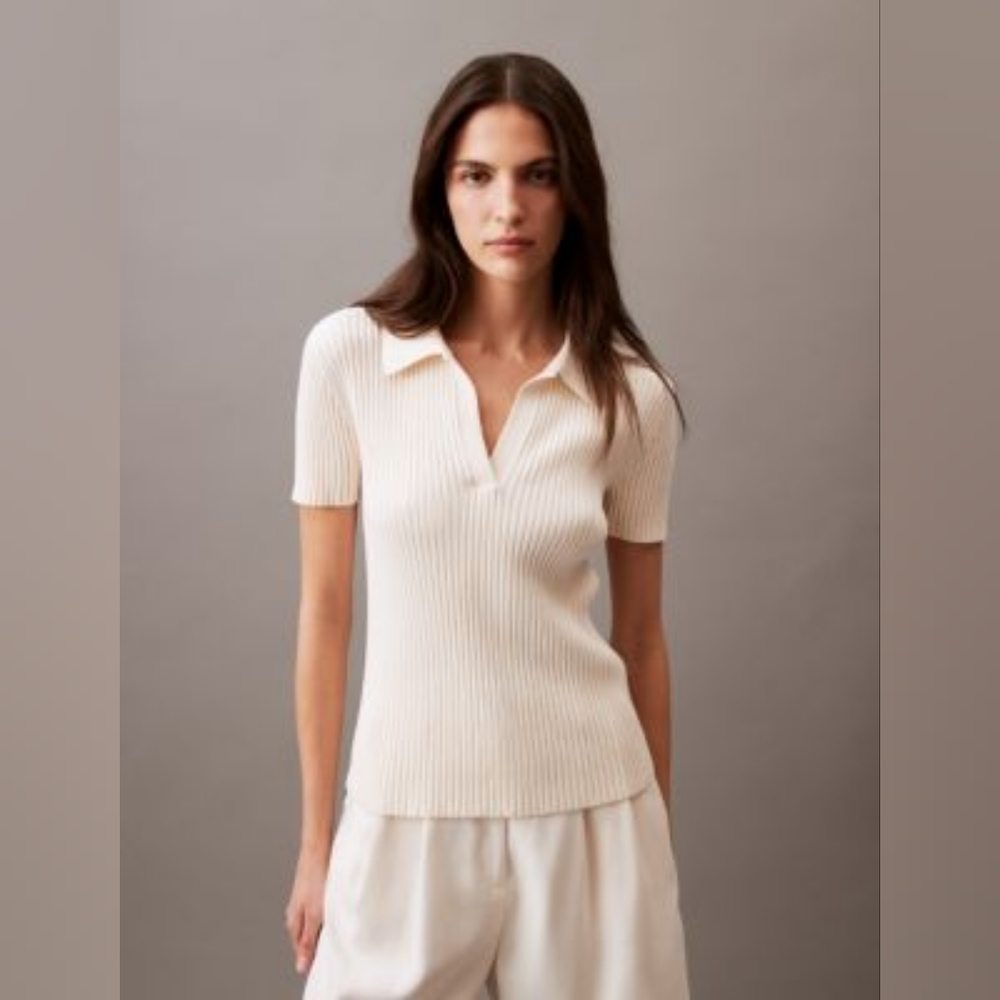 Ribbed Polo Short Sleeve Top in Cream